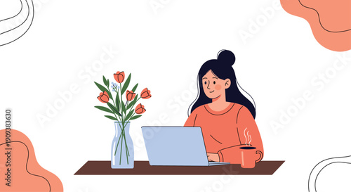 Young woman with dark hair working on her laptop at a wooden desk with a vase of orange tulips and a hot cup of coffee.