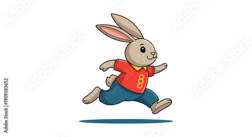 Energetic cartoon rabbit wearing a red t-shirt and blue pants running happily across a white background with a shadow.