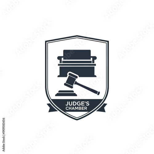 A navy shield illustration with a judge's bench and gavel design. "Judge's Chamber" text