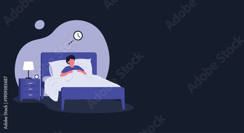 Exhausted man lying awake in bed at night looking at the wall with a clock showing a late hour in a dark blue bedroom.