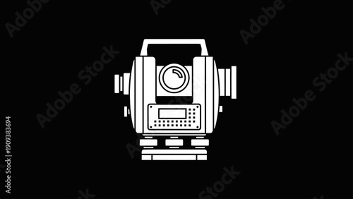 White line art of a survey tool, a theodolite, centered on a black background