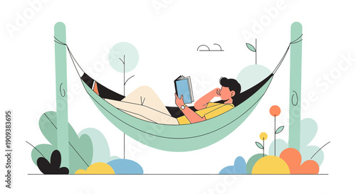 Man Relaxing in Hammock Reading Book Outdoors Flat Illustration