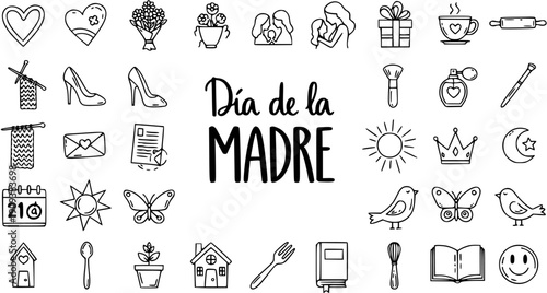 Mother's Day Icons Set - Black and White Line Art for Greeting Cards  Gifts