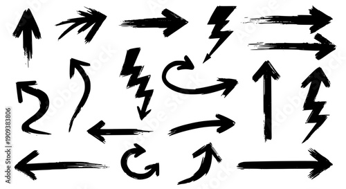 Black hand drawn vector arrows, brush stroke direction indicators, grunge style, for graphic design, illustration, or UI elements, Isolated, png isolated PNG with Transparent Background