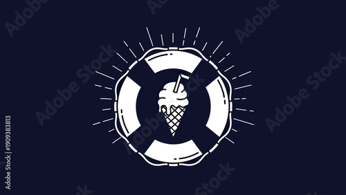 White ice cream cone with melting swirl and a straw inside a life preserver on navy blue