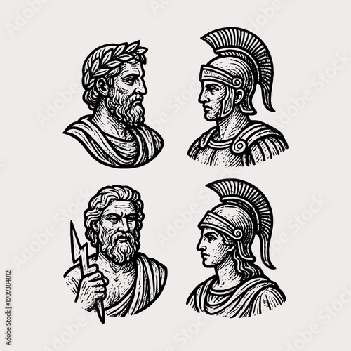 Ancient Greek Gods and Warrior Portraits Engraving Set