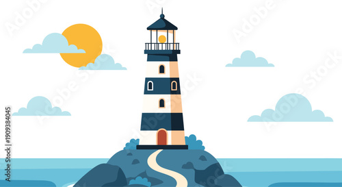 Beautiful lighthouse stands tall on a rocky island surrounded by ocean waves under a bright sun and blue sky.