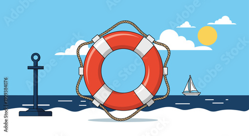 Red and white lifebuoy rests on a sandy beach with an anchor and sailboat in the background under a sunny sky.