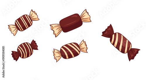 Collection of various wrapped chocolate candies with different striped patterns and wrappers on a white background.