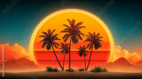 Retro 80s Vaporwave Landscape with Neon Palm Trees and Glowing Sunset Background