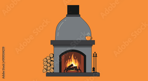 Cozy fireplace scene featuring a crackling fire inside a stone hearth with stacked logs and a steaming mug on top.