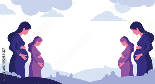 Artistic silhouettes of four pregnant women in shades of purple and pink standing against a landscape background.