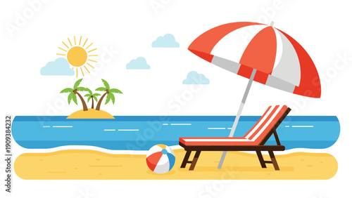 Relaxing beach scene with a striped sun lounger and umbrella next to a beach ball with palm trees on a distant island.