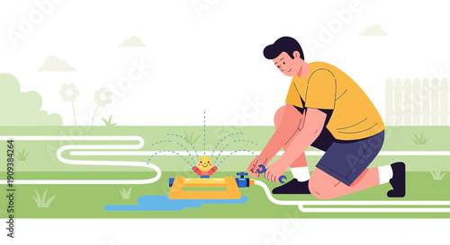 Man Setting Up Sprinkler for Garden Watering