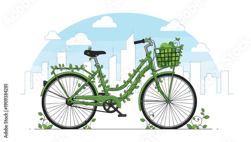 Vintage green bicycle covered in growing vines and green leaves parked in front of a white city skyline silhouette.