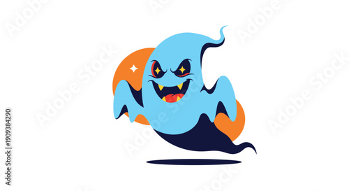 Spooky blue ghost character with glowing yellow eyes and sharp fangs floating in front of two large orange circles.