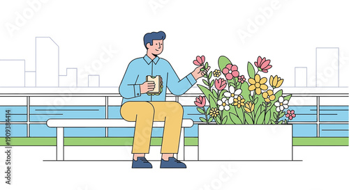 Man Sitting on Bench Admiring Flowers in Planter, Urban Garden Scene