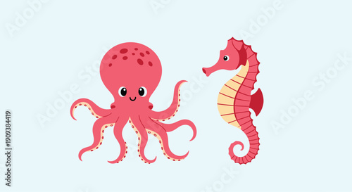 Friendly pink octopus and a matching pink seahorse swimming together peacefully on a light blue aquatic background.