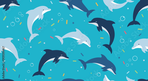 Beautiful seamless pattern featuring different shades of blue dolphins jumping and swimming in the ocean with bubbles.