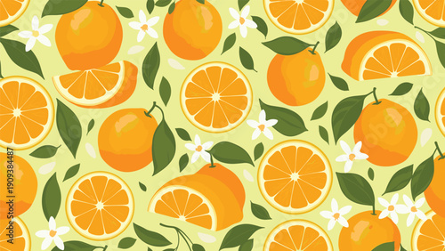 Vibrant seamless pattern of fresh whole oranges and slices with green leaves and white blossoms on a light background.