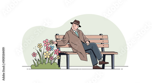 Man Sitting on Park Bench Admiring Colorful Flowers in Minimalist Illustration Style