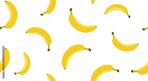 Seamless pattern featuring ripe yellow bananas scattered randomly in various orientations across a clean white background.