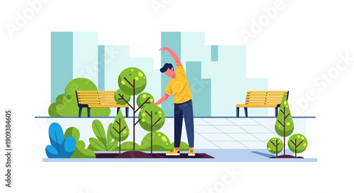 Man stretching in park, urban nature, healthy lifestyle, outdoor exercise, summer day