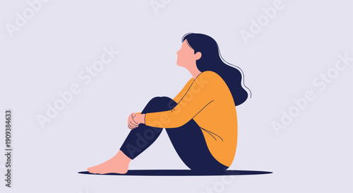 Vector illustration of a woman with dark hair sitting on the floor hugging her knees while looking up pensively against a light purple backdrop.