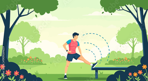 Man Stretching Legs in Park, Outdoor Fitness, Healthy Lifestyle, Spring Scenery