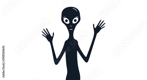 Dark silhouette of a classic grey alien with large eyes and thin limbs standing with its hands raised in a friendly greeting.