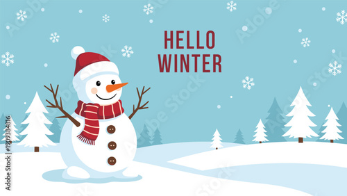Cheerful cartoon snowman wearing a red hat and scarf in a winter forest setting with the words hello winter in red.