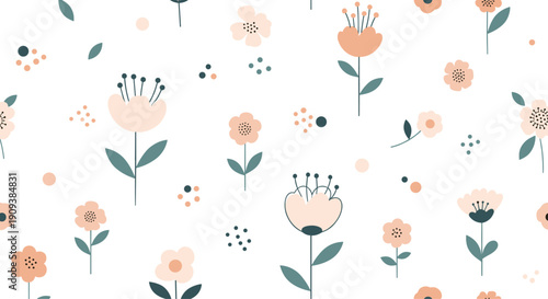 Minimalist seamless pattern featuring small simple flowers in shades of pink and peach with blue leaves on a white background.