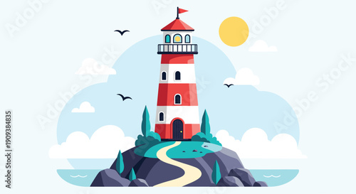 Picturesque vector illustration of a red and white striped lighthouse standing on a rocky island in the middle of a calm sea.