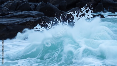 sedition. Ocean waves crashing against dark rocks with splashing water droplets in dramatic seascape. travel magazines, destination branding, designed for outdoor magazines and nature guides.