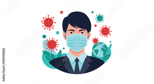 Illustration of a professional man wearing a light blue surgical face mask surrounded by red coronavirus particles and a globe.