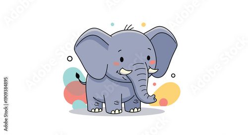 Cute grey baby elephant standing with a friendly smile and tusks against a background of colorful abstract bubbles and dots.