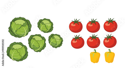 Healthy assortment of fresh garden vegetables including green cabbages, red ripe tomatoes, and yellow bell peppers on a white surface.