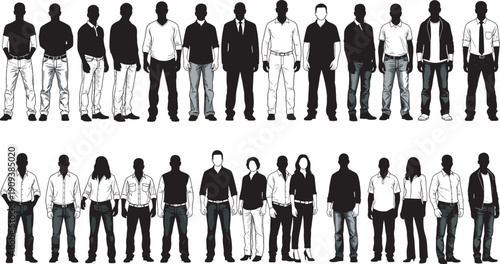 Silhouetted diverse group of people in casual and formal clothing, black and white figures representing fashion variety, gender diversity, individuality, and sociological design concept illustration