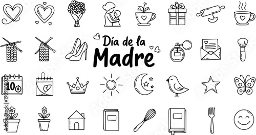 Mother's Day Icons Set: Hearts, Flowers, Mom and Child, Gift Box, Heels - Black and White Line Art