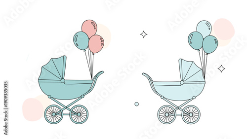 Charming set of baby strollers decorated with colorful balloons featuring soft pastel tones for a baby shower or newborn celebration.