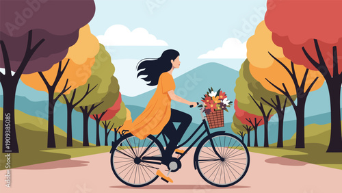 Beautiful young woman enjoys a peaceful bicycle ride along a scenic path lined with colorful trees during the peak of the autumn season.