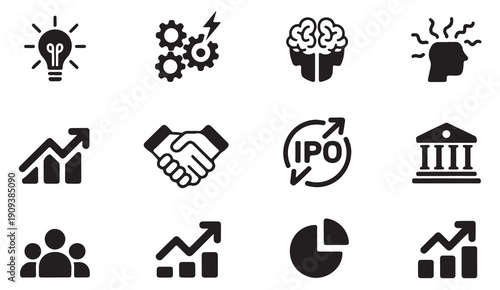 Business and finance icons set. idea, gears, brain, stress, growth, handshake, ipo, bank, group