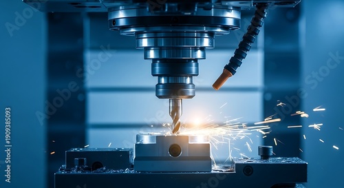 A close-up of a drill press in operation, with sparks flying during precision machining