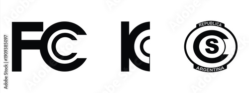 Product packaging icon, product safety quality standards verified internationally, FCC, KC, S isolated