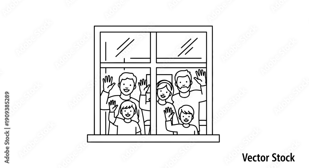 Obraz premium Family Waving From Window, Staying Home, Social Distancing, Quarantine Concept
