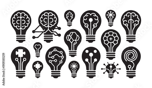 Complex problem solving light bulb icons with puzzle pieces and brain patterns for education