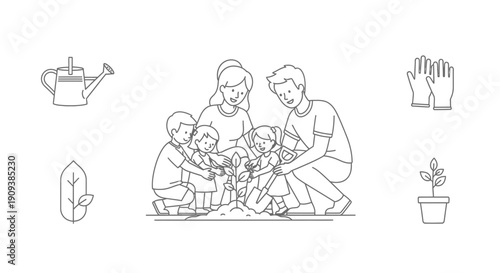 Family planting a tree together, symbolizing growth, nature, and environmental care.