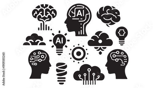 Set of multiple vector icons representing artificial intelligence, brain, and cloud computing