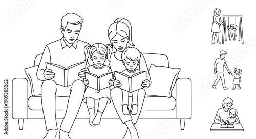 Family Reading Together on Sofa: Parents and Children Enjoying Books, Cozy Home Scene