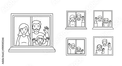 Family waving from window, illustration, social distancing concept